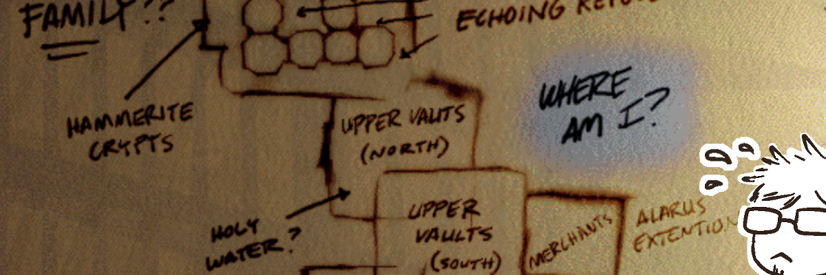 A map from Thief 2 of the catacombs zoomed in on the words 'where am I?' handwritten on the map by Garret.